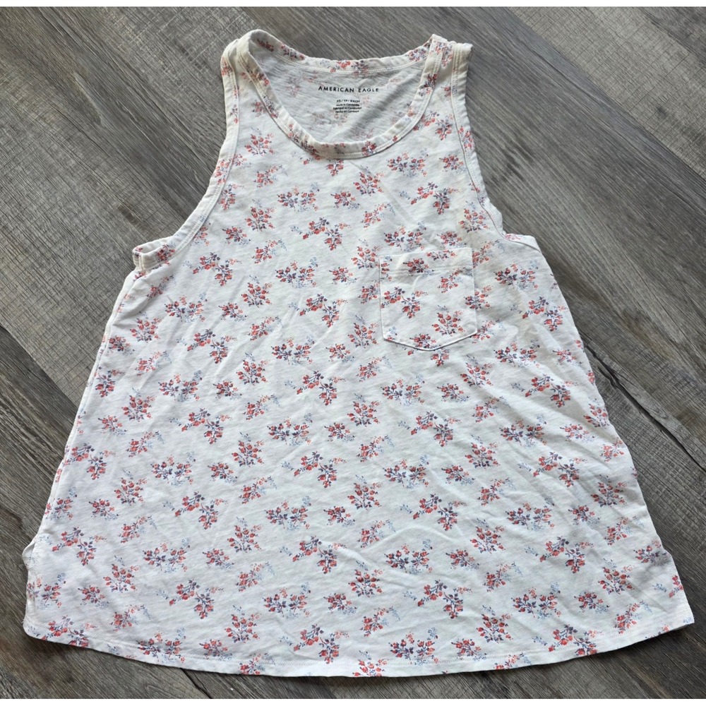 American Eagle Floral Pocket Tank Top White Red Blue XS Sleeveless Flowy Slub